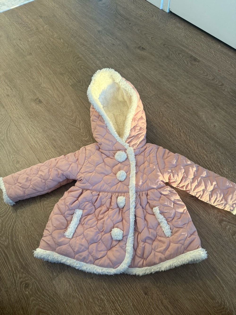 Tahari Pink Quilted Hooded Coat with Faux Fur Trim